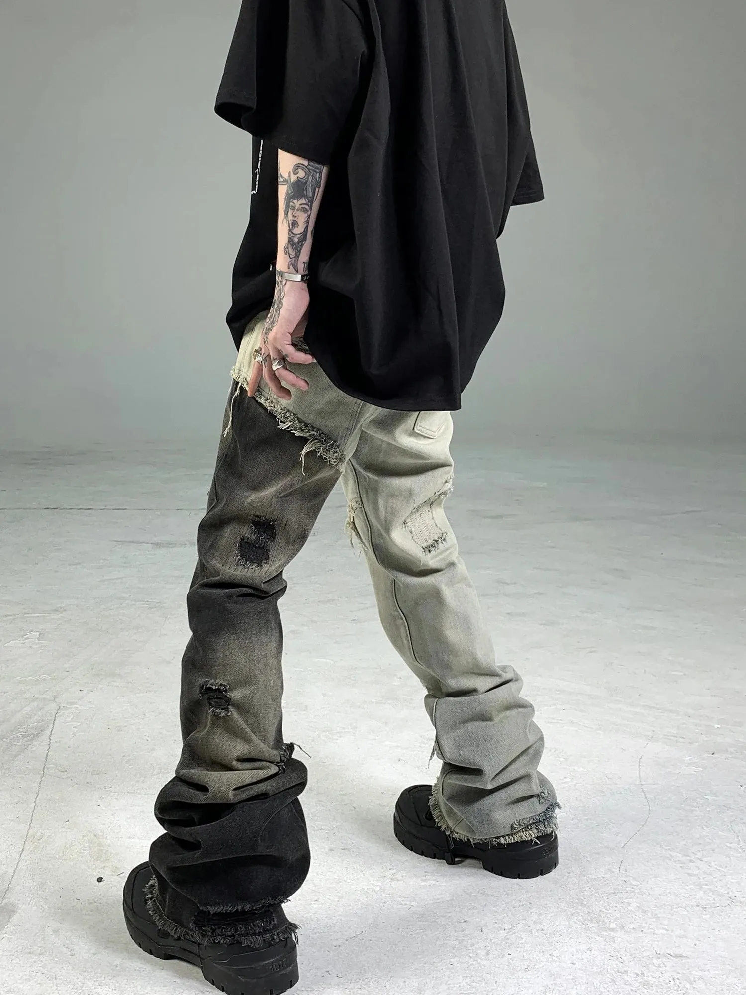 Mens Edgy Tattered Pants with Patched Stitching - Avant-Garde Style