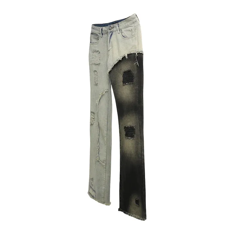 Mens Edgy Tattered Pants with Patched Stitching - Avant-Garde Style