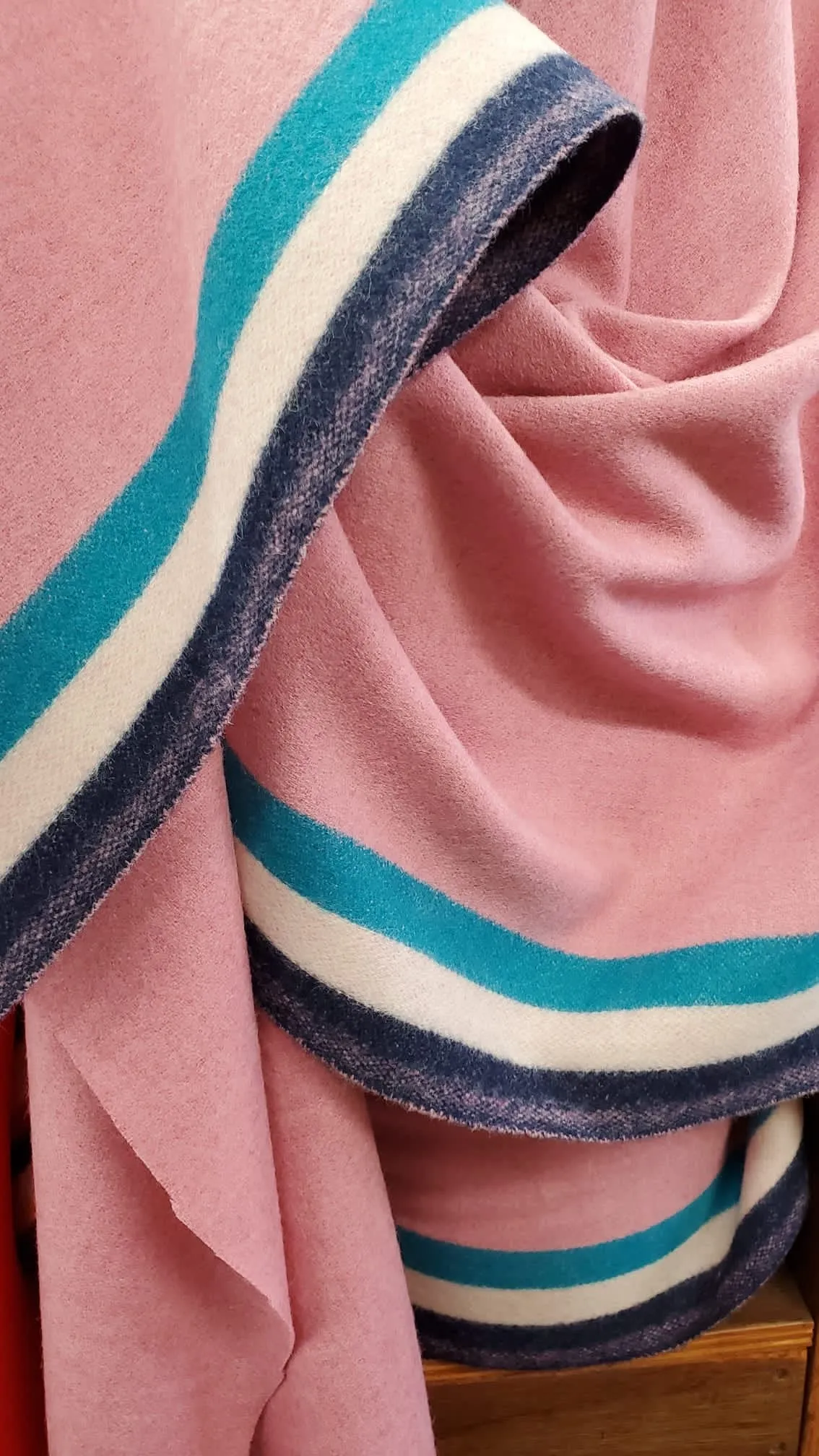 NEW Lady Poirot 100% Wool Made in Italy Coat Fabric Pink with Blue and White Stripes on Selvage