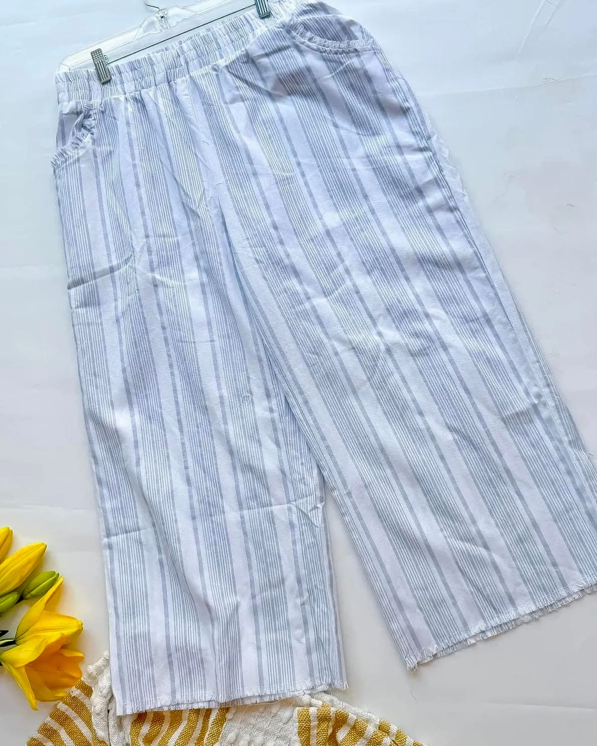 Plus Size Blue & White Stripe Wide Leg Ankle Crop Frayed Pants