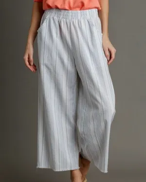 Plus Size Blue & White Stripe Wide Leg Ankle Crop Frayed Pants