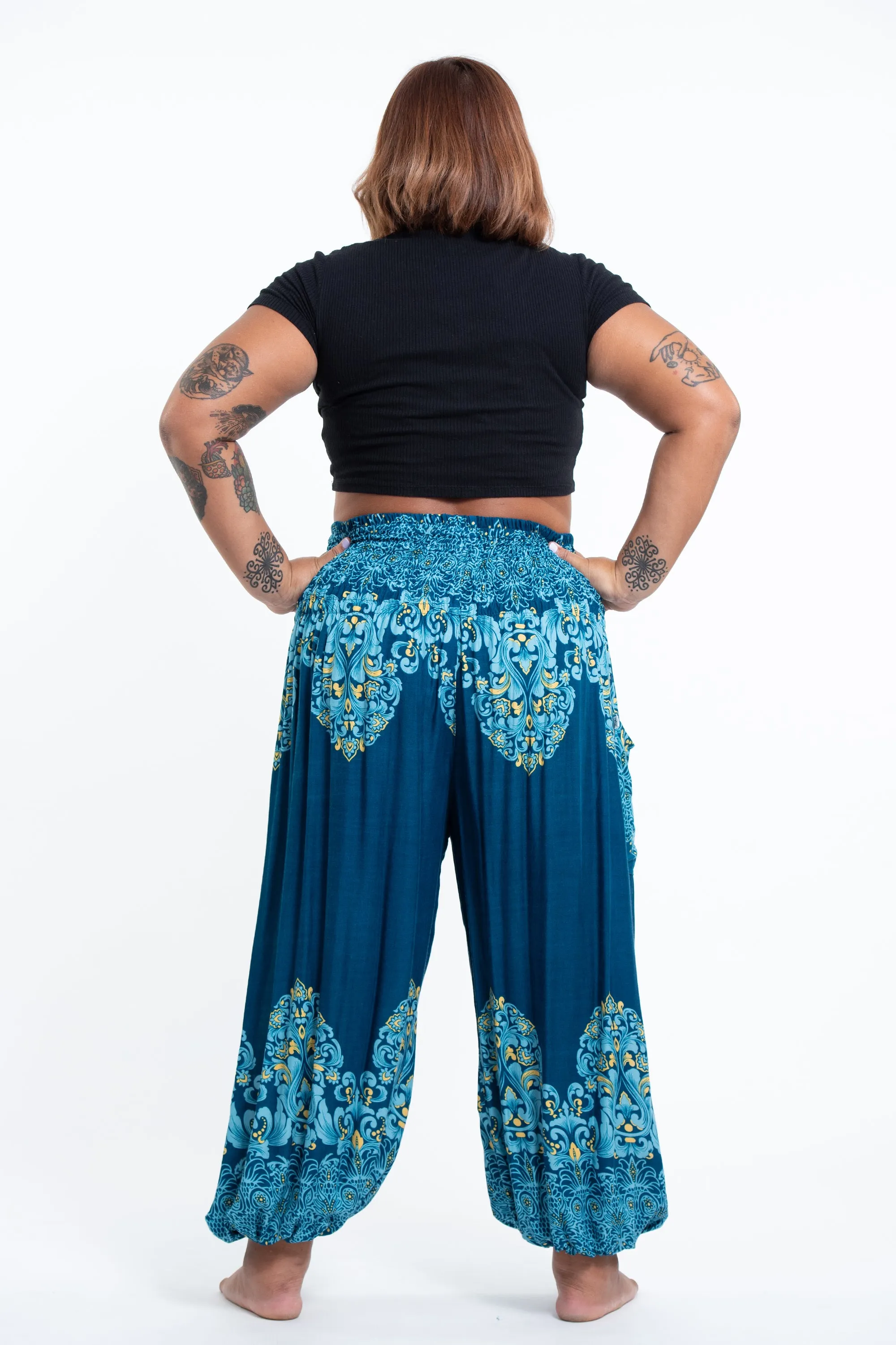 Plus Size Floral Vines Women's Harem Pants in Turquoise