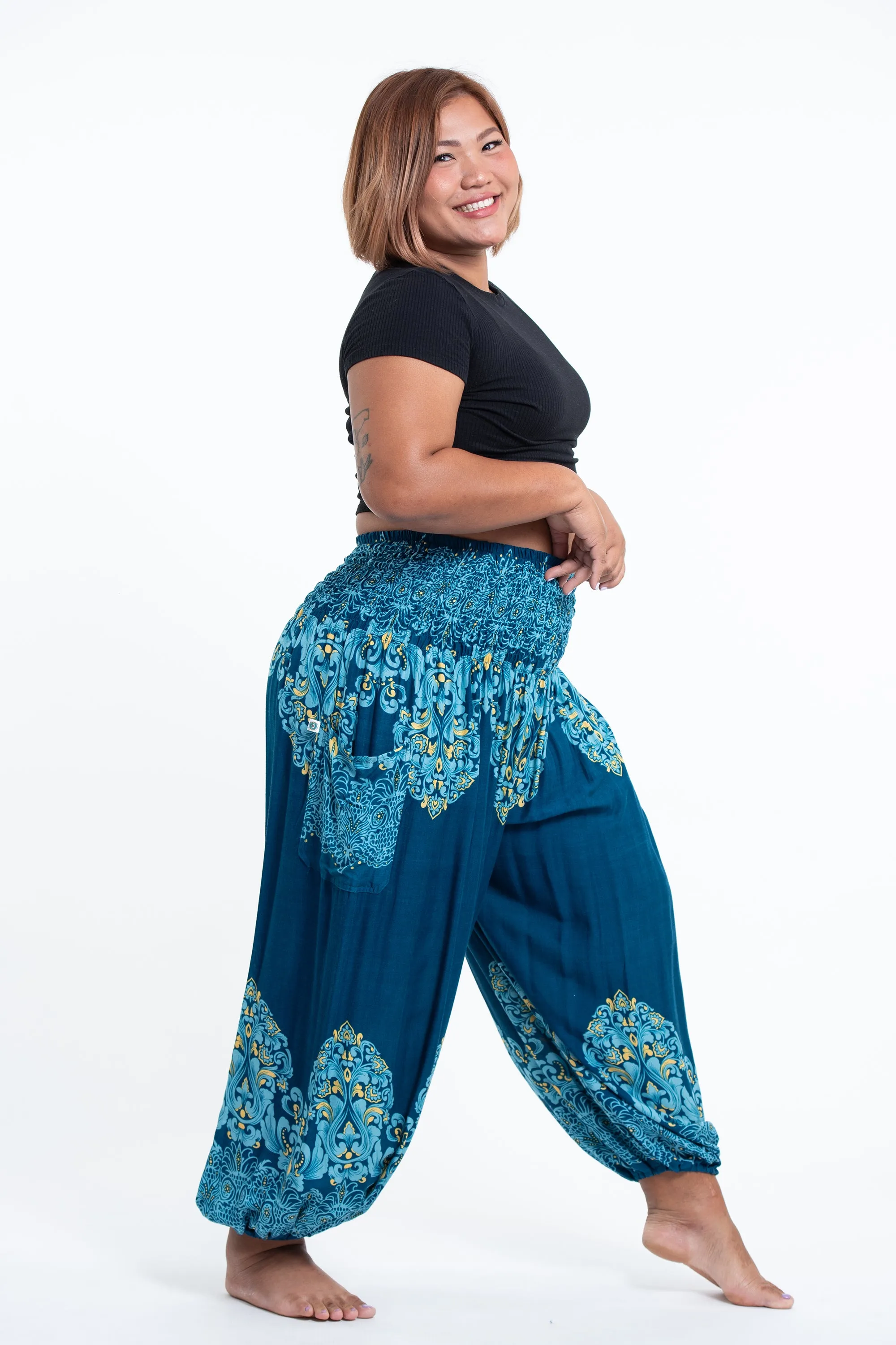 Plus Size Floral Vines Women's Harem Pants in Turquoise