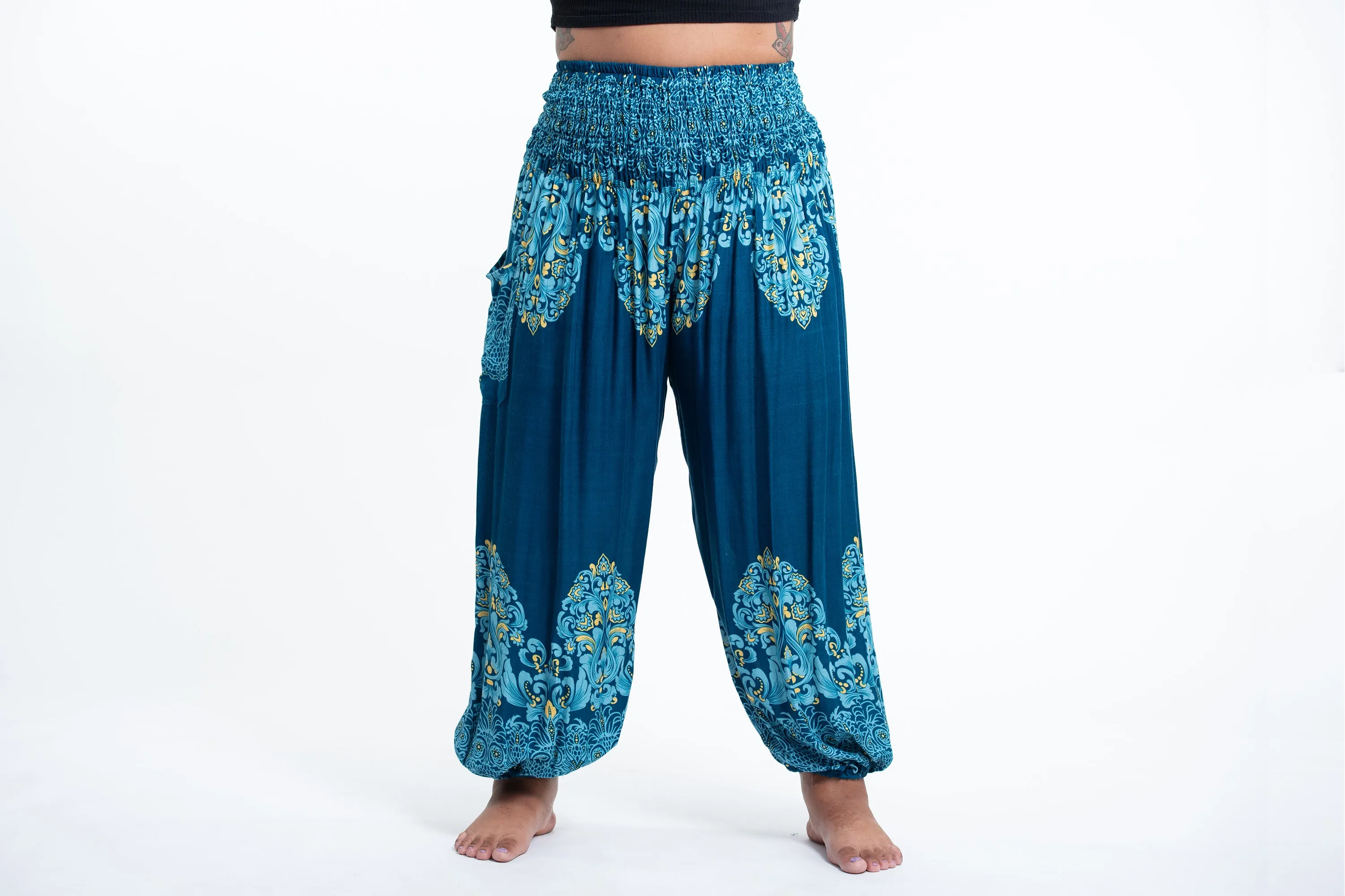 Plus Size Floral Vines Women's Harem Pants in Turquoise