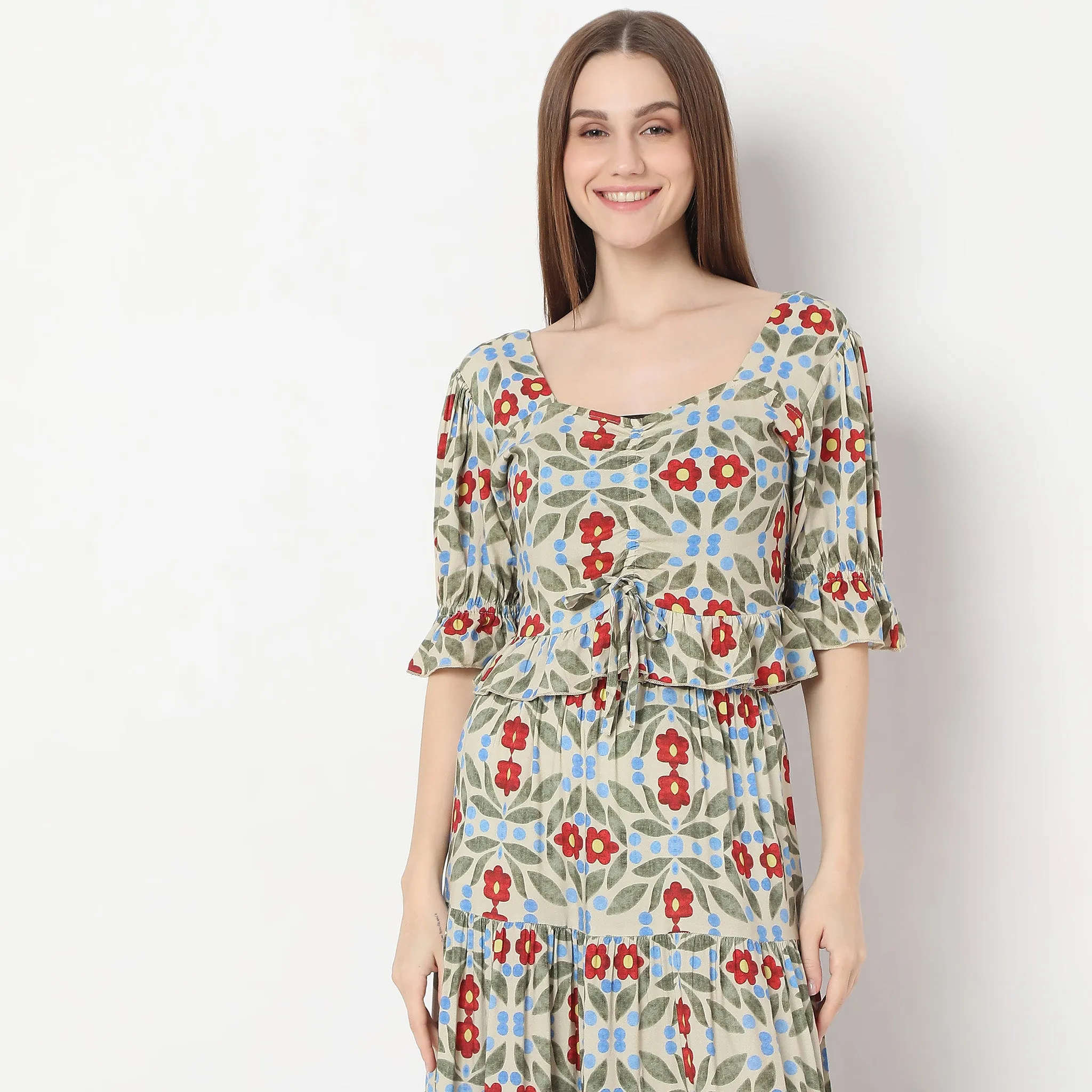 Printed Back Ruched Gathered or pleated detail Puff Sleeve Crop Top
