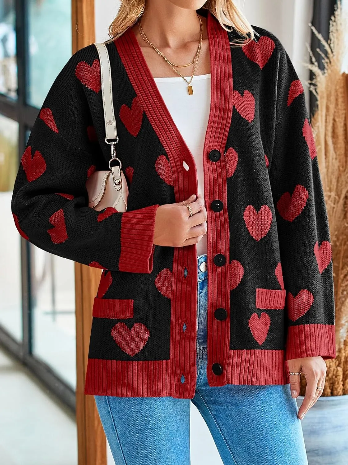 Saodimallsu Womens Oversized Heart Cardigan Color Block V Neck Button Long Sleeve Chunky Valentines Sweaters