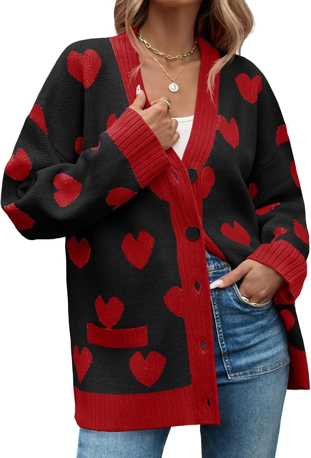 Saodimallsu Womens Oversized Heart Cardigan Color Block V Neck Button Long Sleeve Chunky Valentines Sweaters