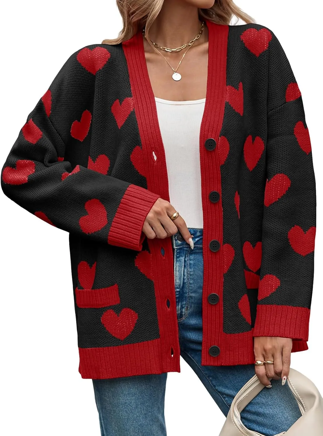 Saodimallsu Womens Oversized Heart Cardigan Color Block V Neck Button Long Sleeve Chunky Valentines Sweaters
