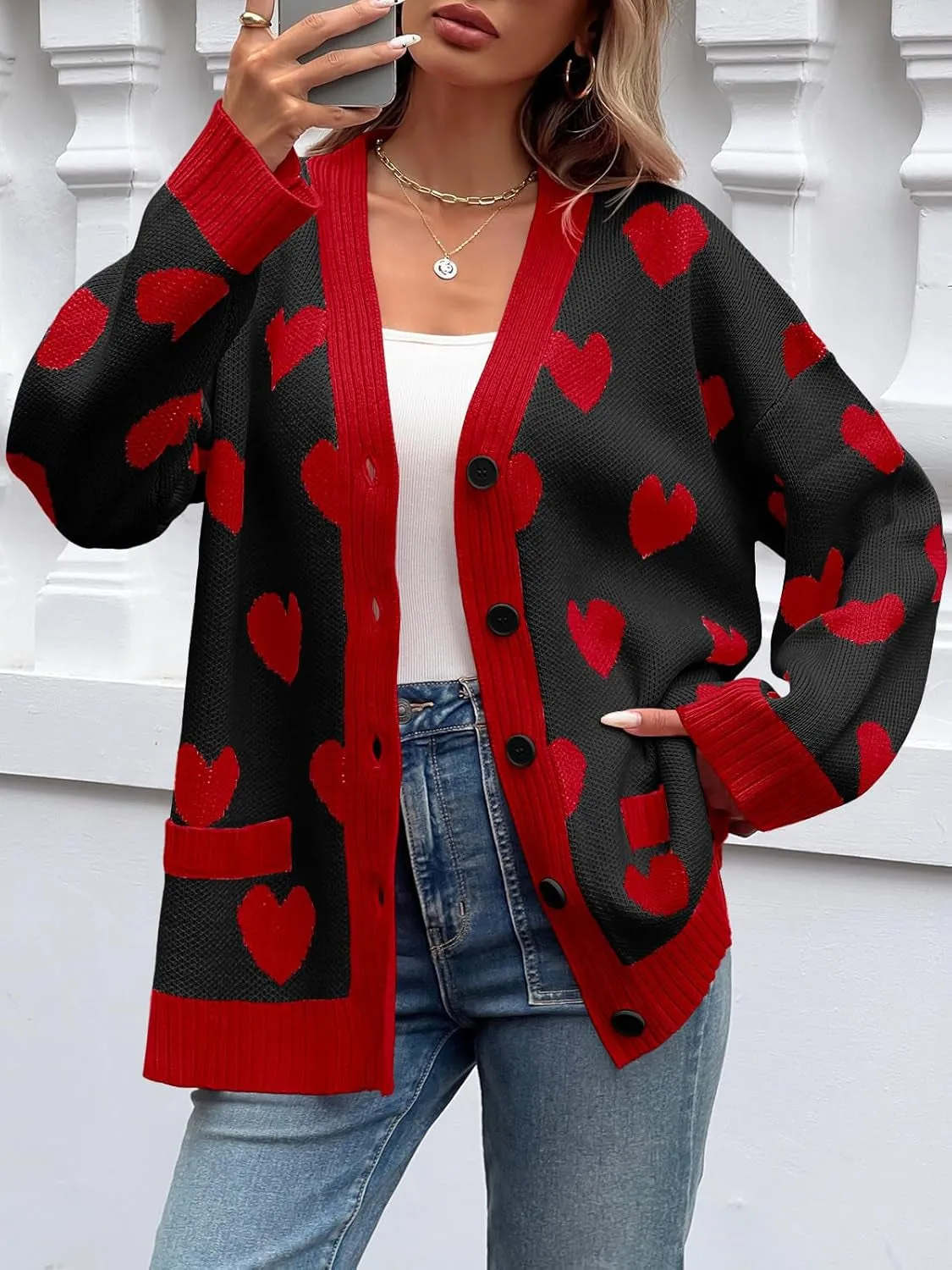 Saodimallsu Womens Oversized Heart Cardigan Color Block V Neck Button Long Sleeve Chunky Valentines Sweaters