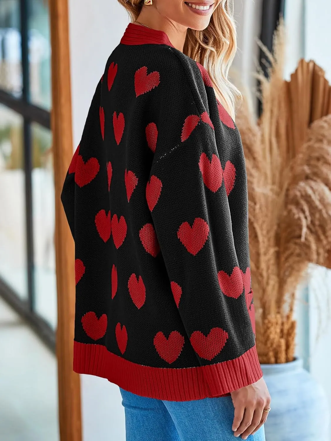 Saodimallsu Womens Oversized Heart Cardigan Color Block V Neck Button Long Sleeve Chunky Valentines Sweaters