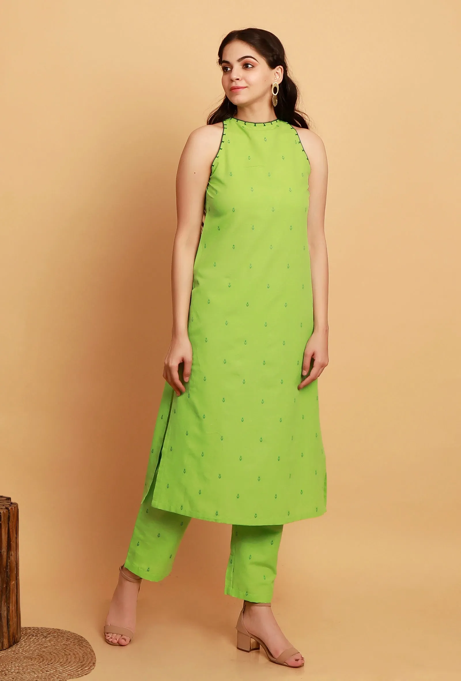 Set of 2:  Mint Green Embroidery Halter Neck Sleeveless Kurta With Straight Pants