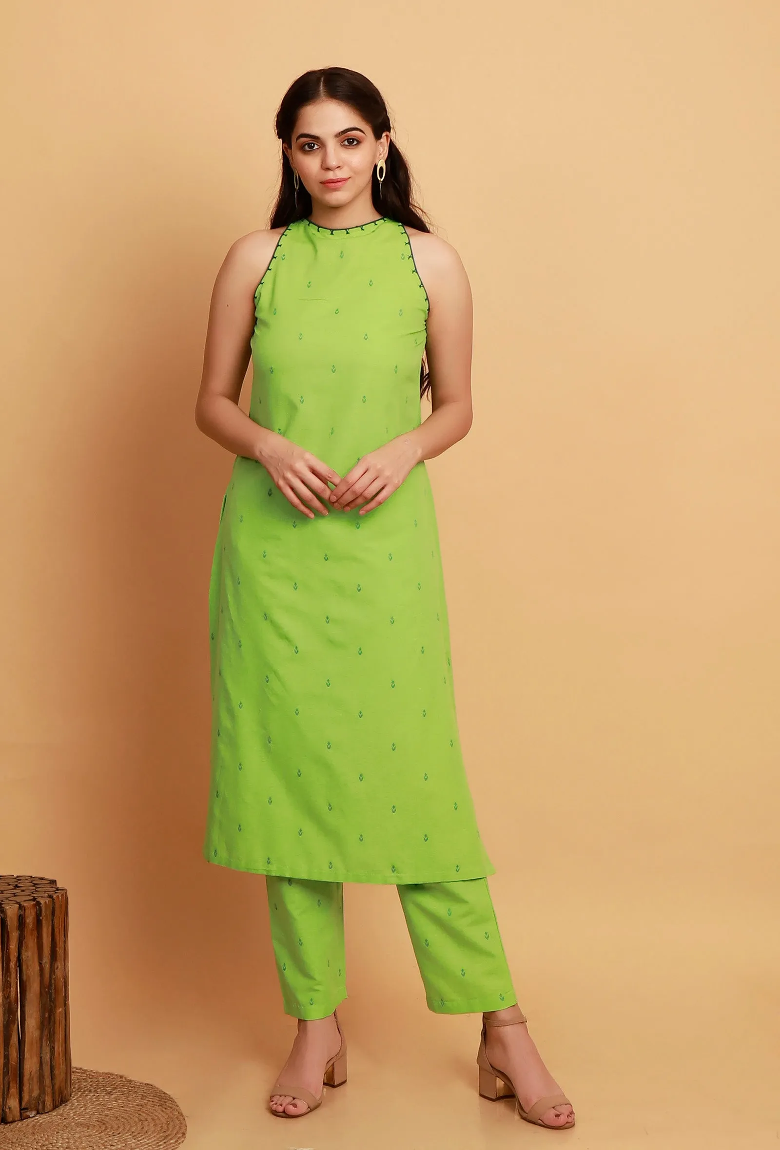 Set of 2:  Mint Green Embroidery Halter Neck Sleeveless Kurta With Straight Pants