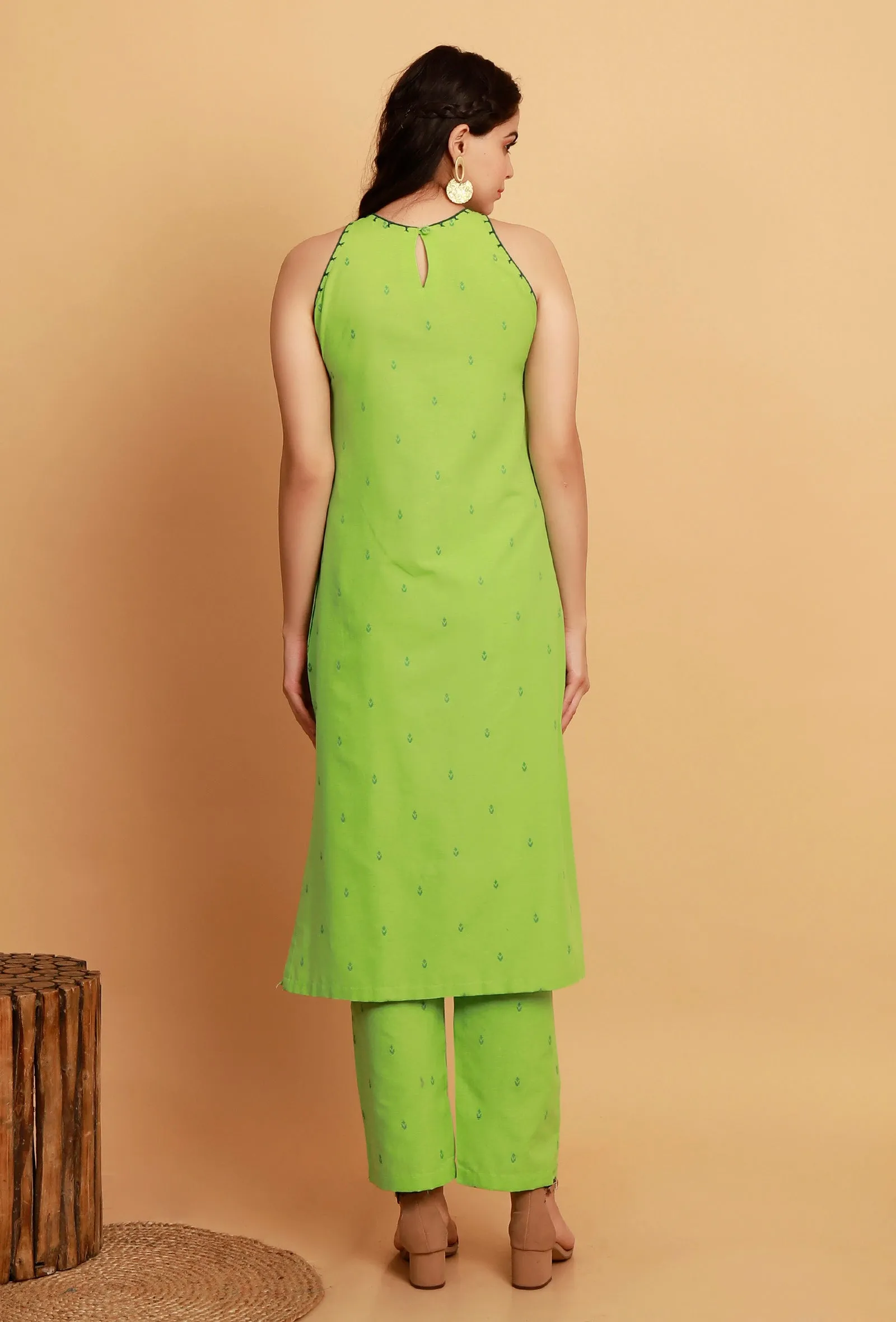 Set of 2:  Mint Green Embroidery Halter Neck Sleeveless Kurta With Straight Pants