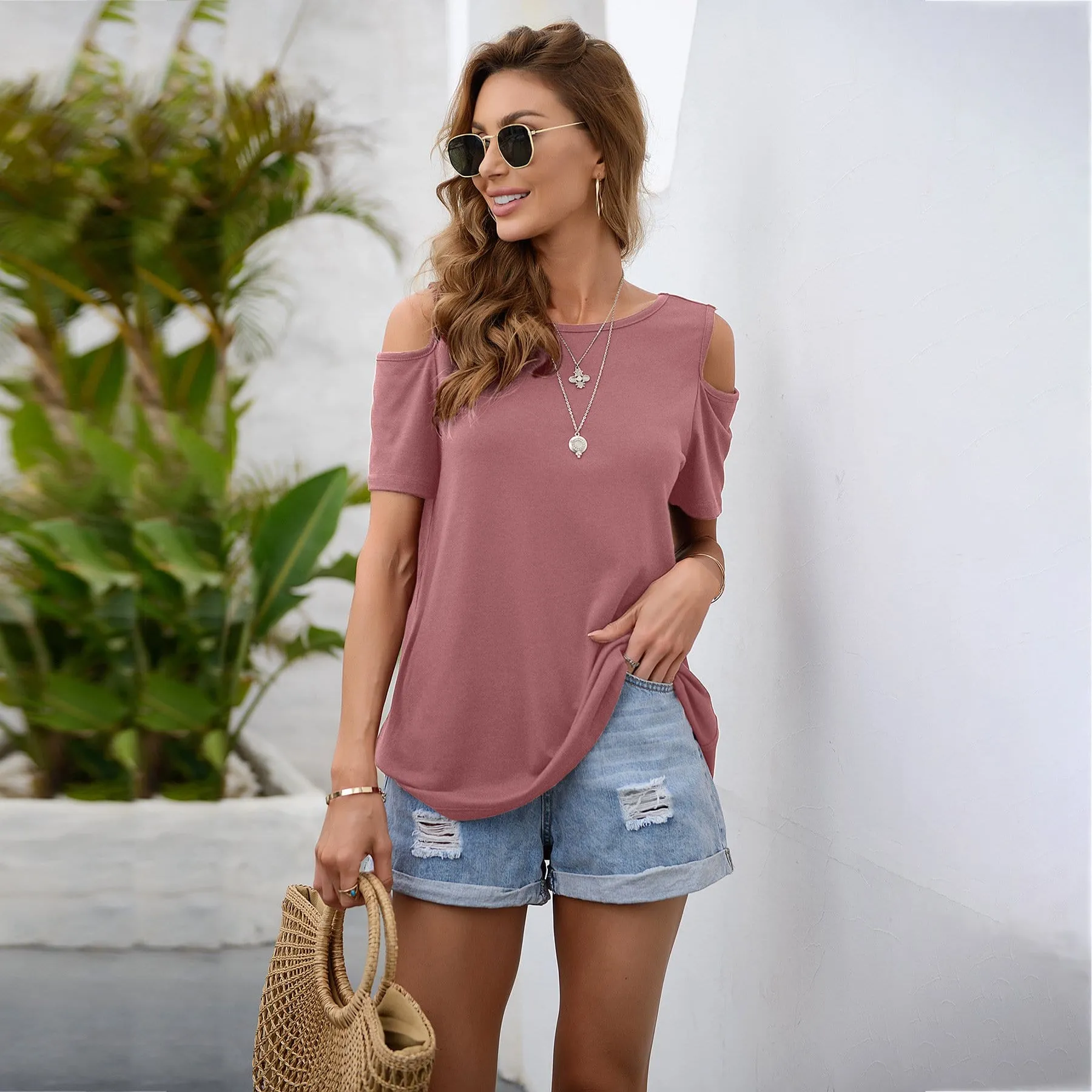 Solid Cutout Shoulder Tee