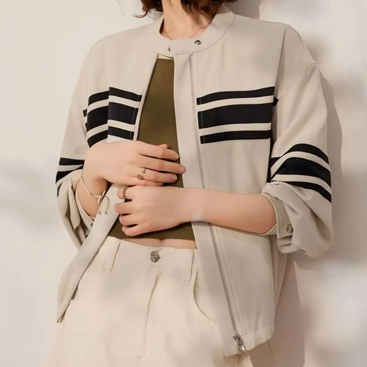 Spring Women's Loose Fit Striped Jacket with Contrast Colors