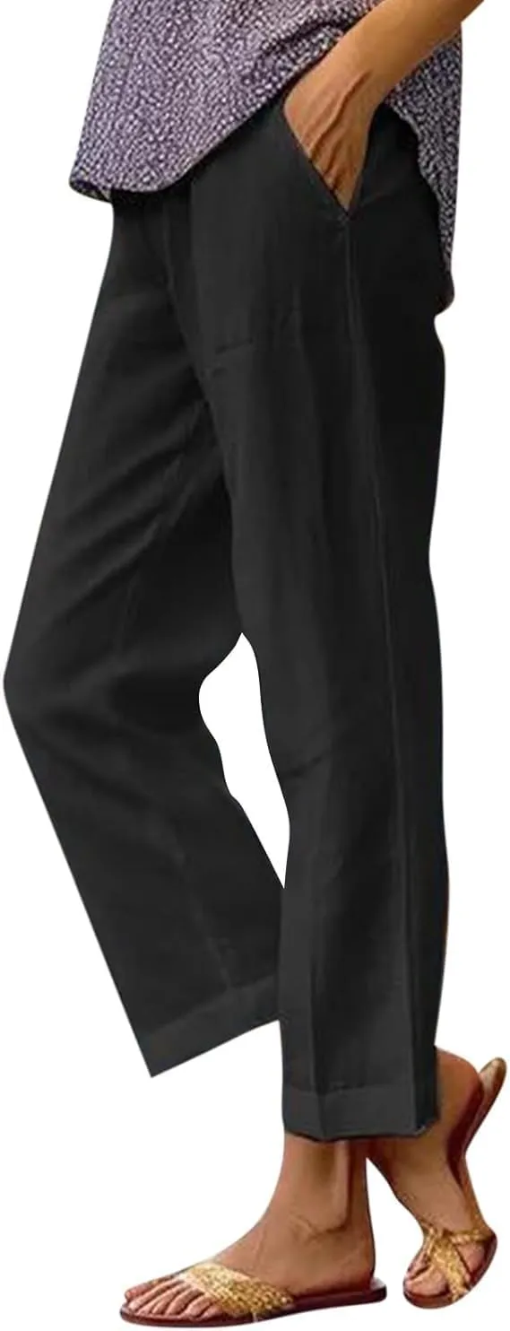 Summer Womens Linen Pants Casual Elastic Waist Baggy Trouser Solid Color Straight Leg Pants with Pockets