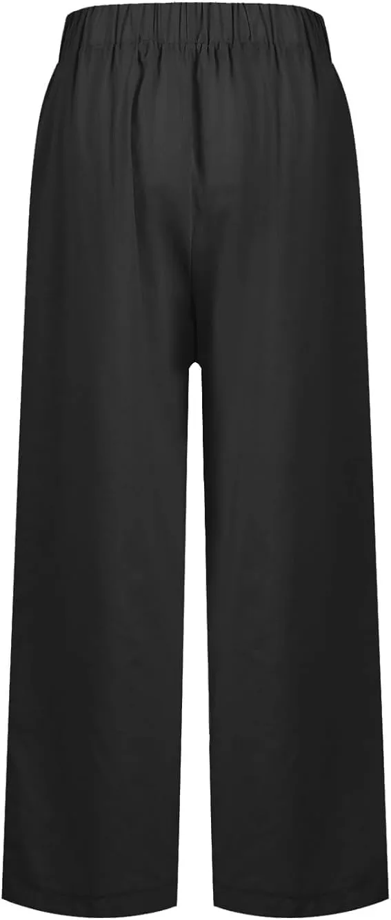 Summer Womens Linen Pants Casual Elastic Waist Baggy Trouser Solid Color Straight Leg Pants with Pockets