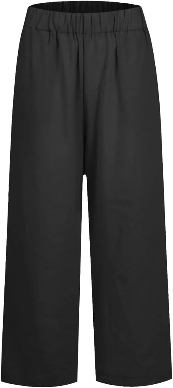 Summer Womens Linen Pants Casual Elastic Waist Baggy Trouser Solid Color Straight Leg Pants with Pockets