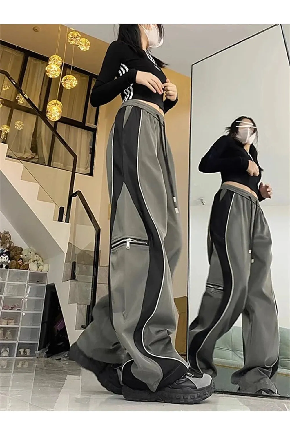 Techwear Contrast Wide-Leg Pants