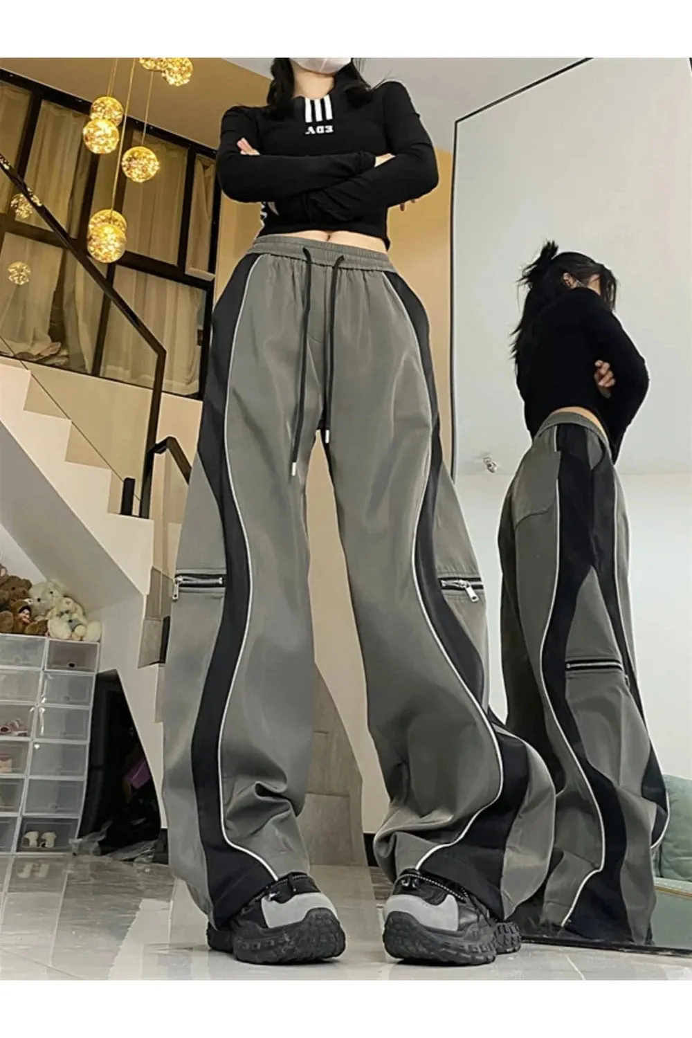 Techwear Contrast Wide-Leg Pants