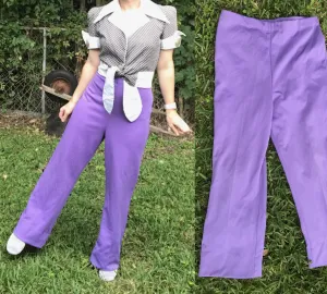 Vtg 70s | Purple High Waisted Hippie Disco Polyester Wide Leg Bell Bottoms S