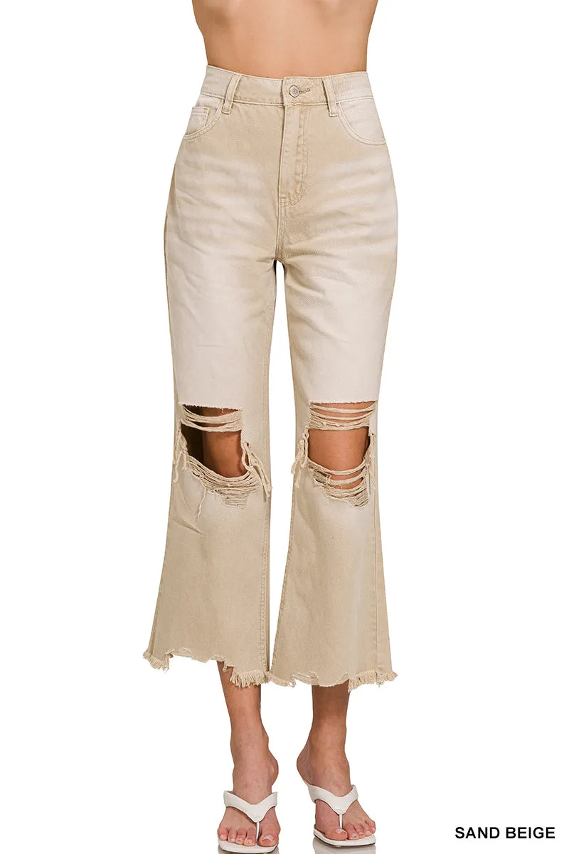 Washed Distressed Knee and Hem Cropped Pants