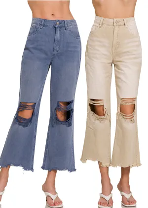 Washed Distressed Knee and Hem Cropped Pants