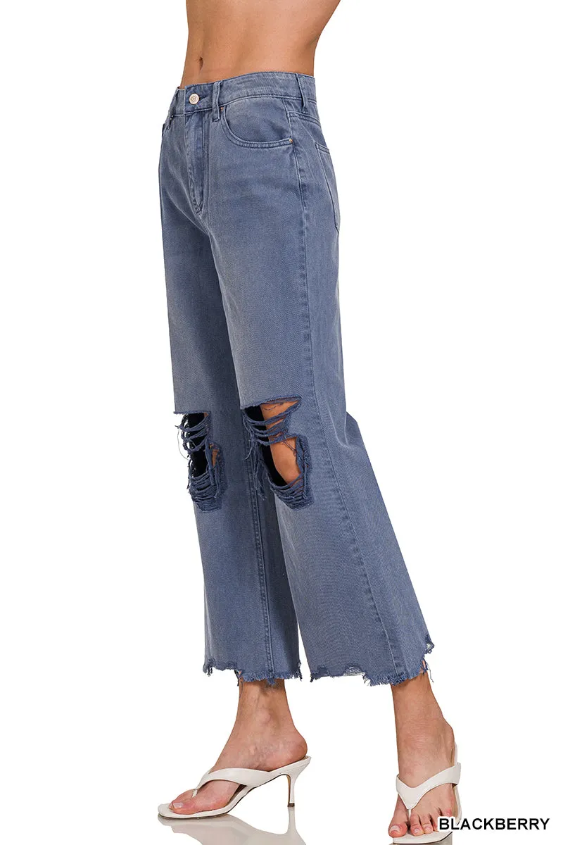 Washed Distressed Knee and Hem Cropped Pants