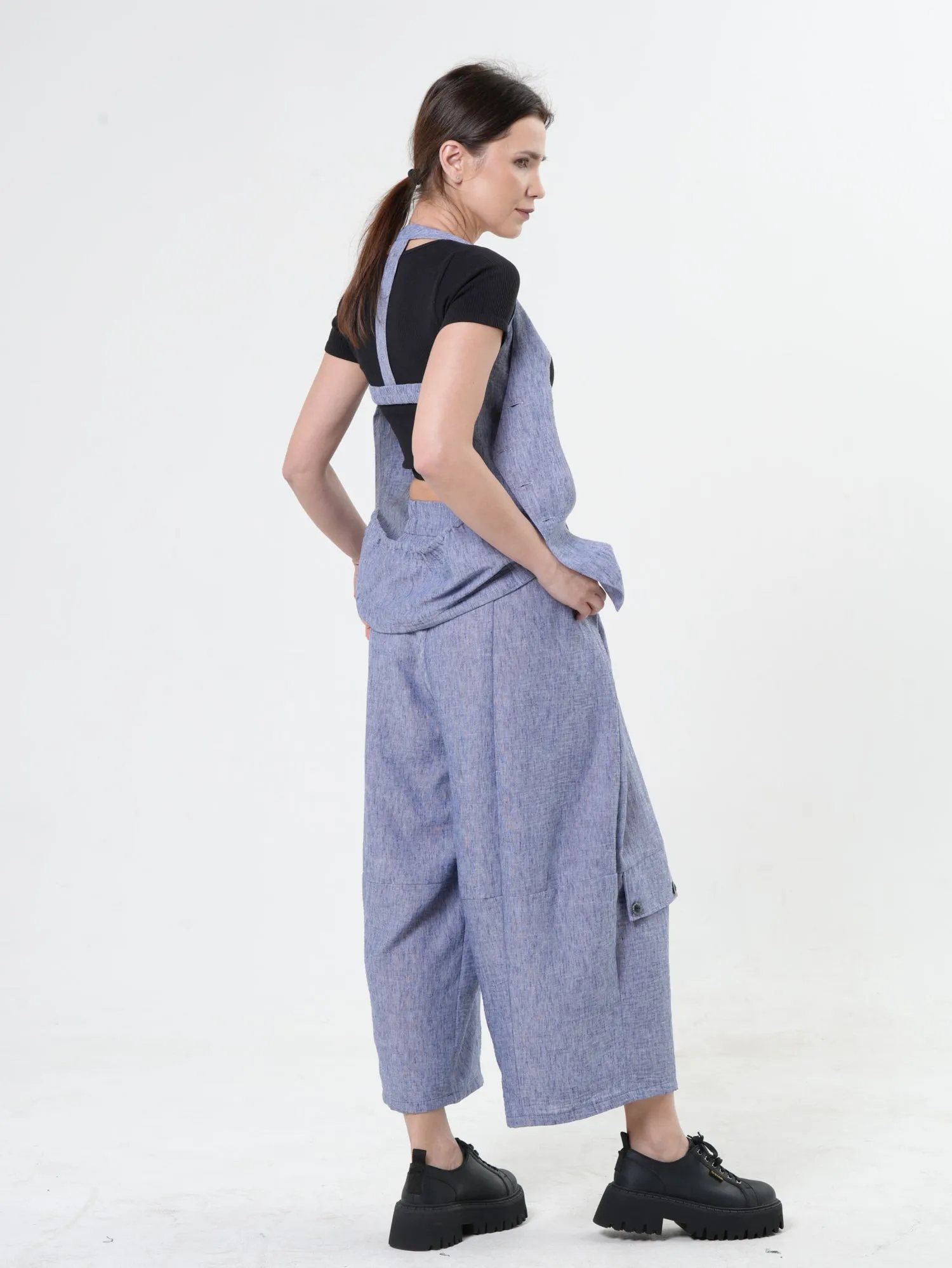 Wide-Leg Blue Pants With Linen