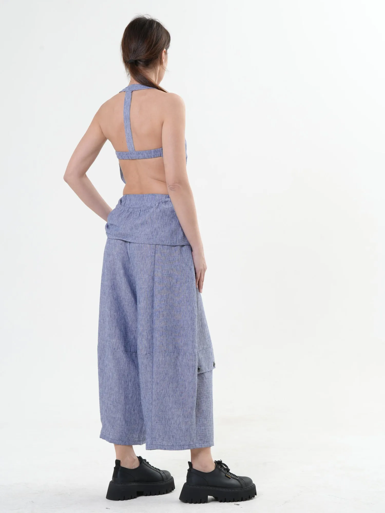 Wide-Leg Blue Pants With Linen