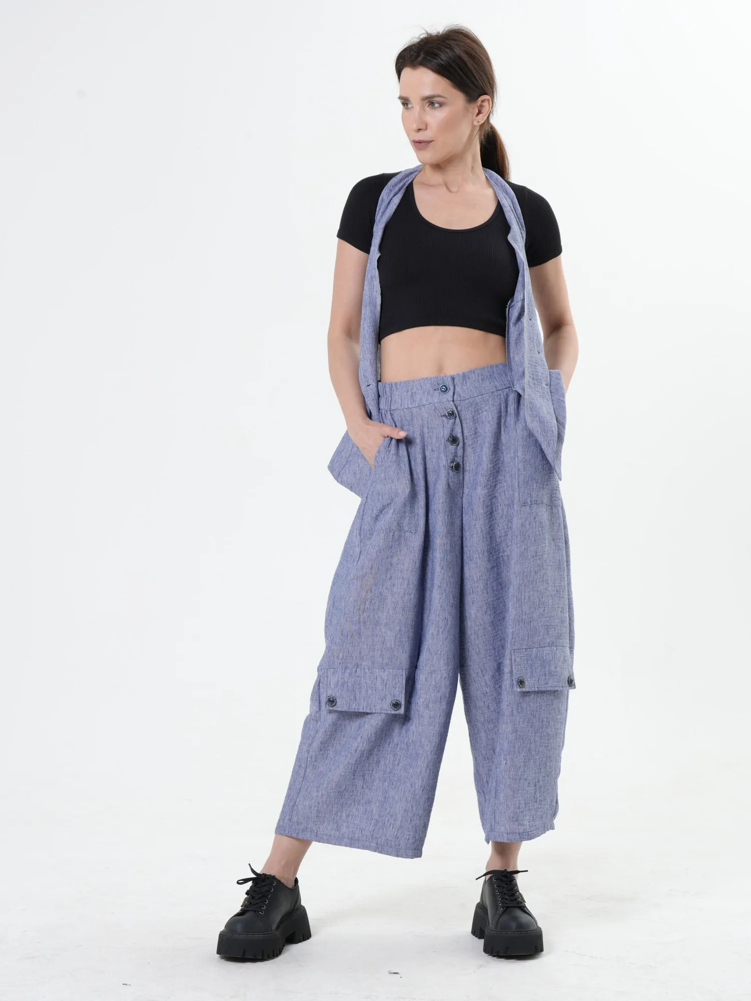Wide-Leg Blue Pants With Linen