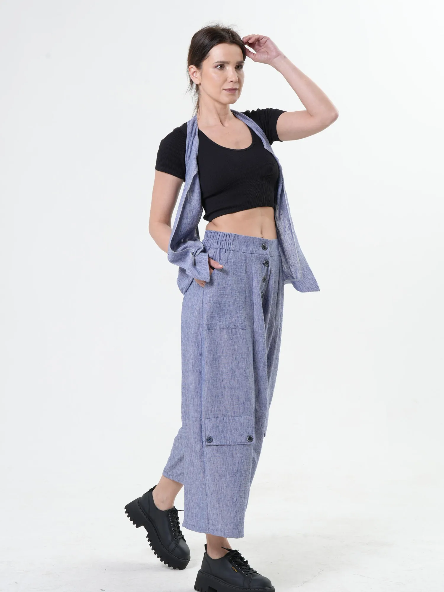 Wide-Leg Blue Pants With Linen
