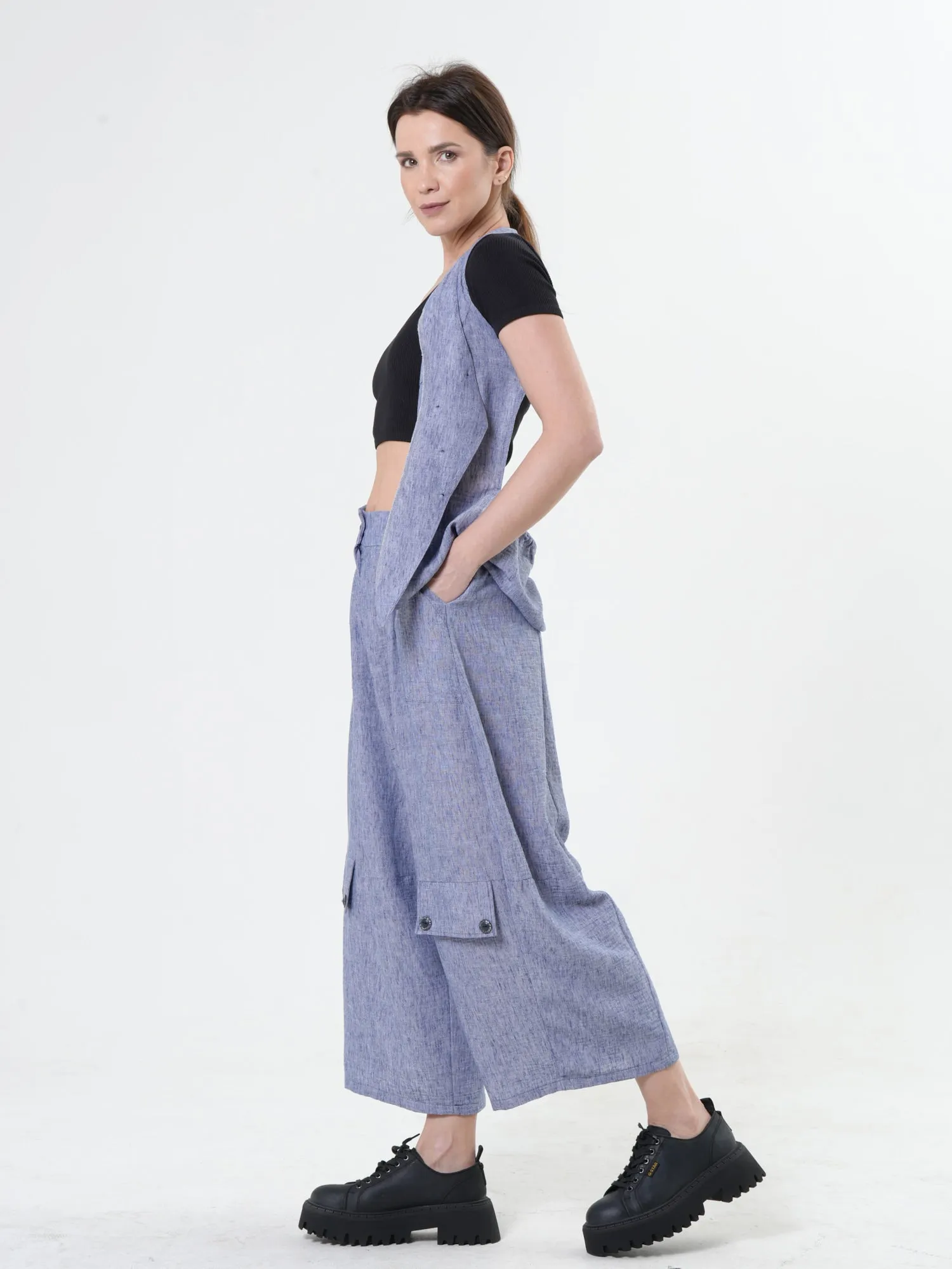 Wide-Leg Blue Pants With Linen