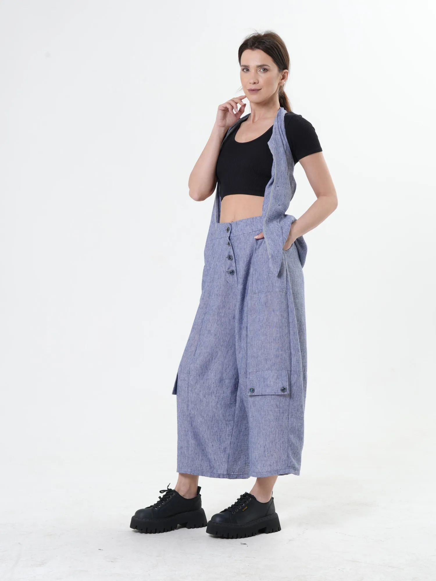 Wide-Leg Blue Pants With Linen