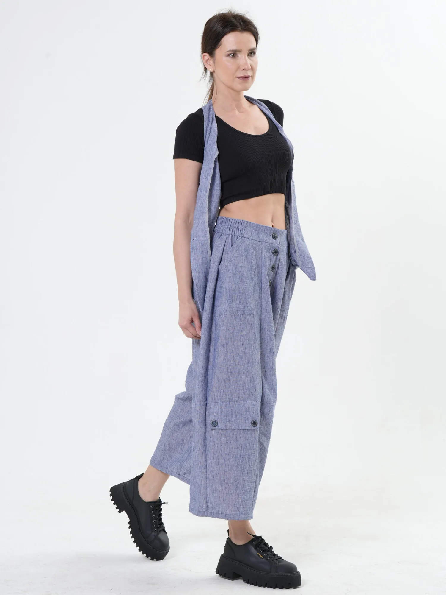 Wide-Leg Blue Pants With Linen