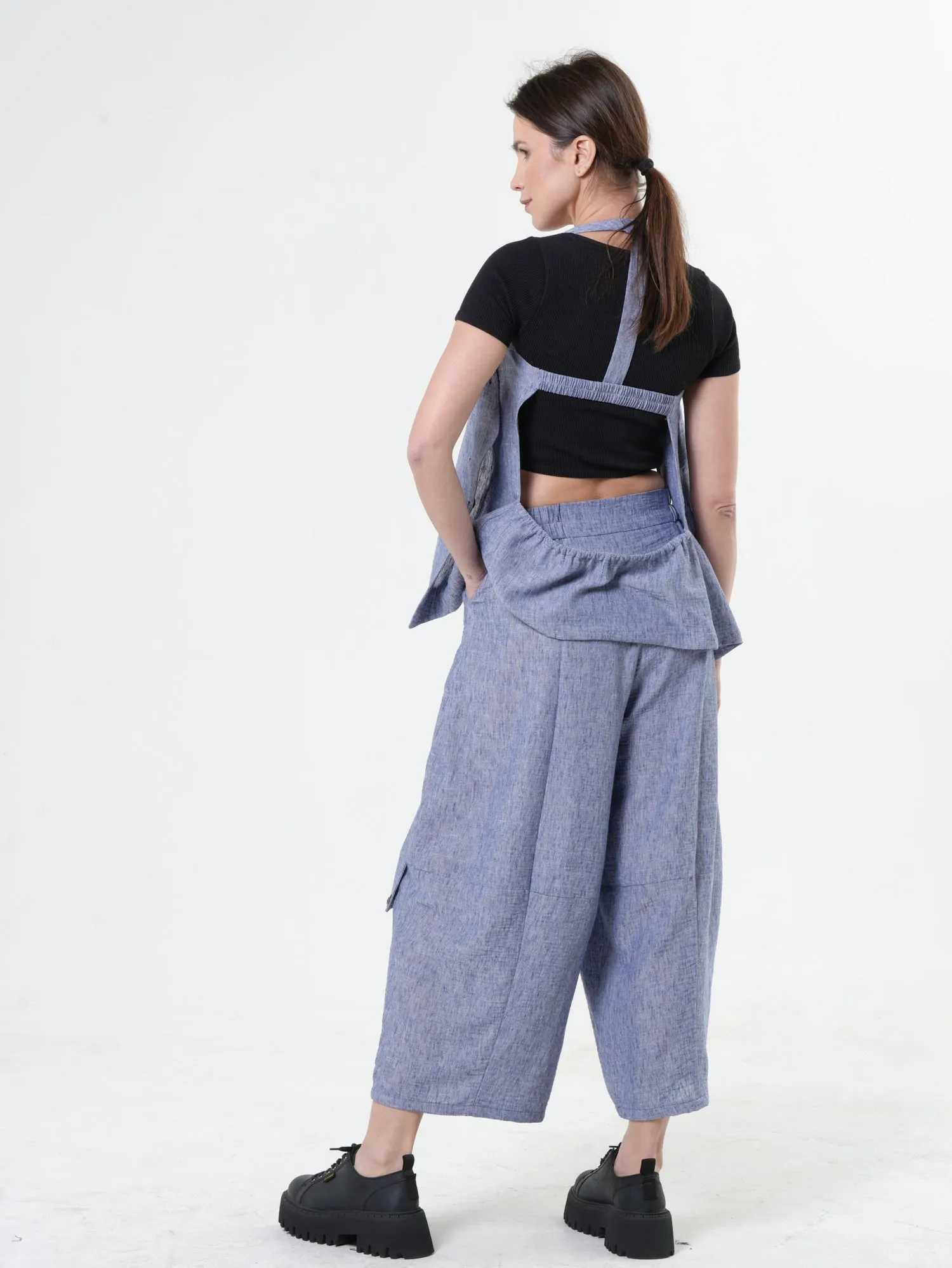 Wide-Leg Blue Pants With Linen