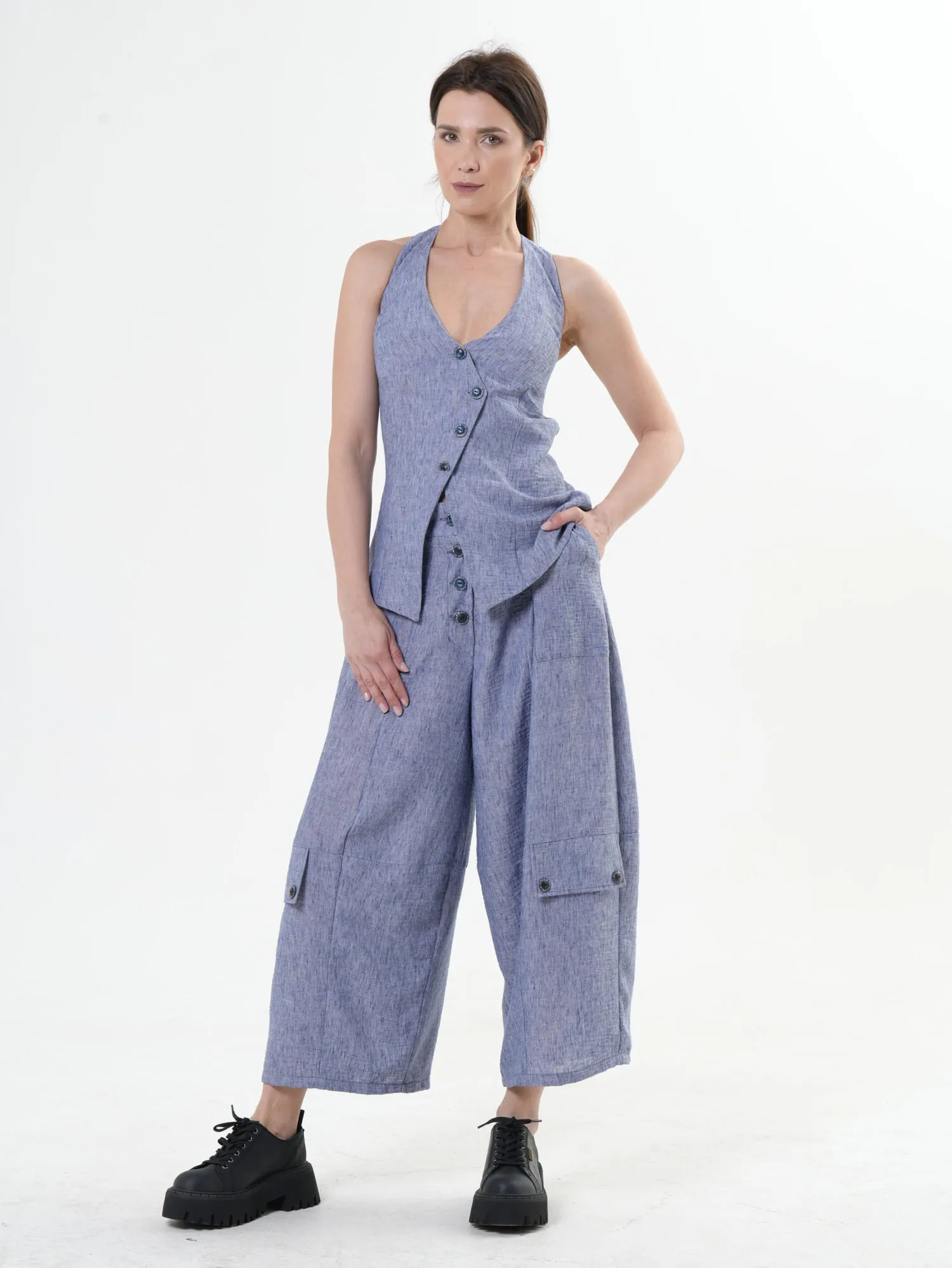 Wide-Leg Blue Pants With Linen