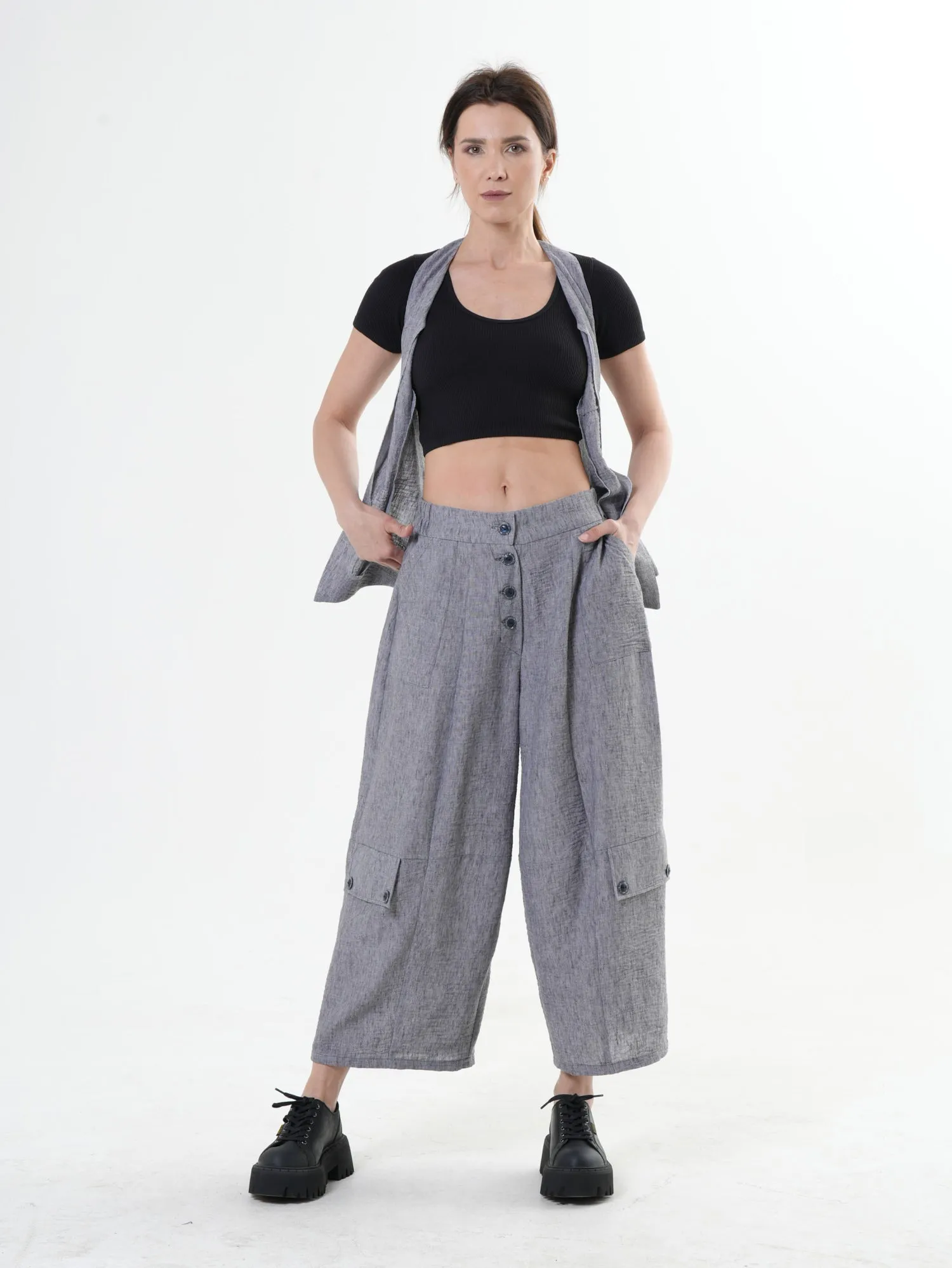 Wide-Leg Blue Pants With Linen