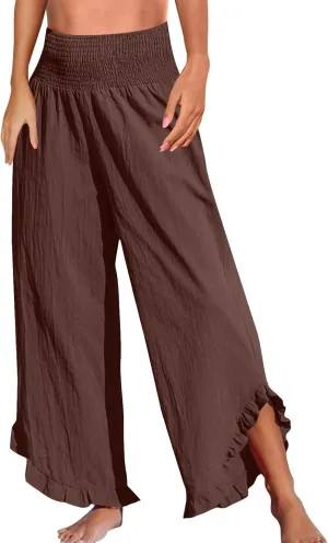 Wide Leg Pants for Women Linen Summer Elastic Waist Palazzo Pants High Waisted with Pockets Cropped Solid Trousers
