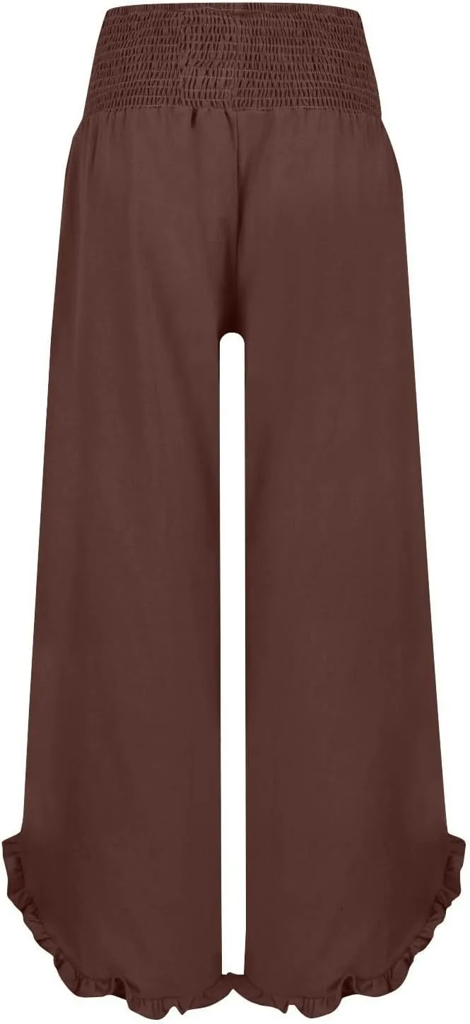 Wide Leg Pants for Women Linen Summer Elastic Waist Palazzo Pants High Waisted with Pockets Cropped Solid Trousers