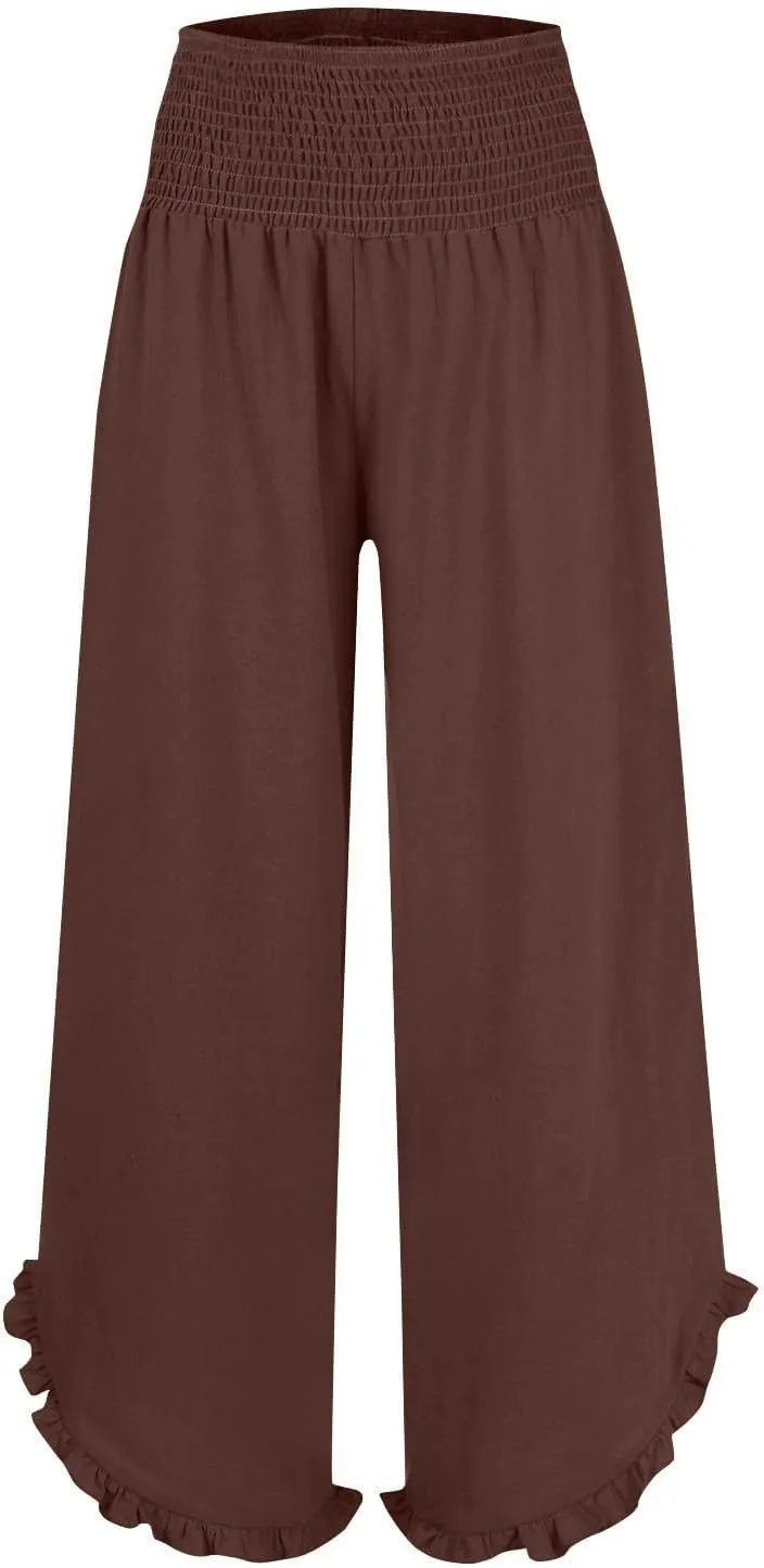 Wide Leg Pants for Women Linen Summer Elastic Waist Palazzo Pants High Waisted with Pockets Cropped Solid Trousers