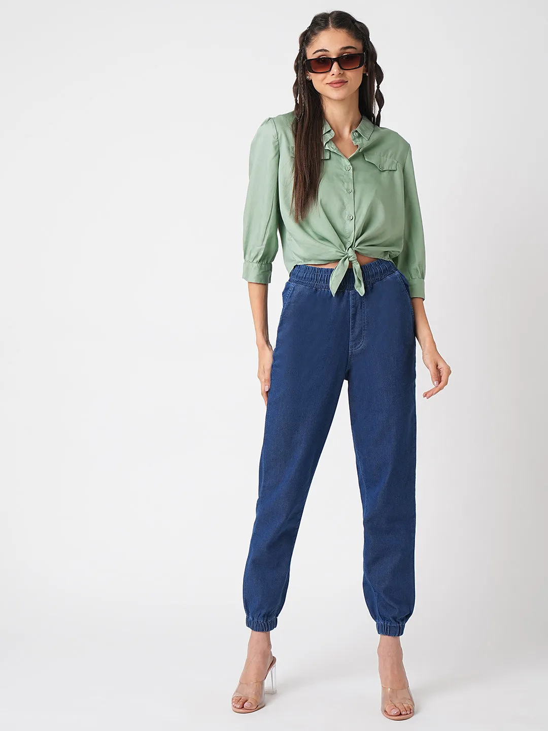 Women Mint Crop Tie-Up Slim Shirt