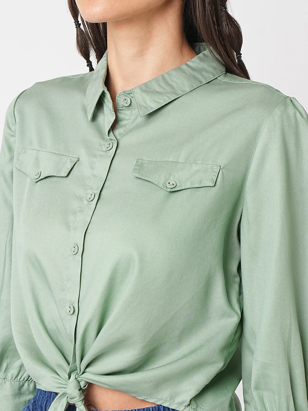 Women Mint Crop Tie-Up Slim Shirt