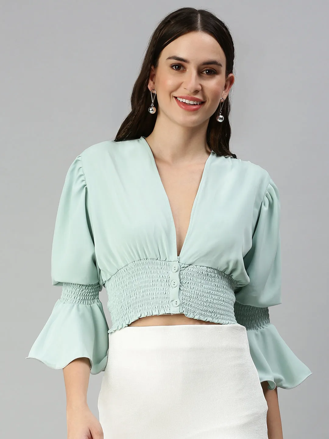 Women Sea Green Smocked Crop Top