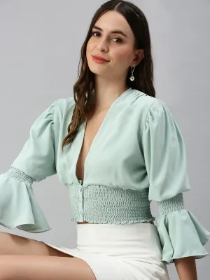 Women Sea Green Smocked Crop Top