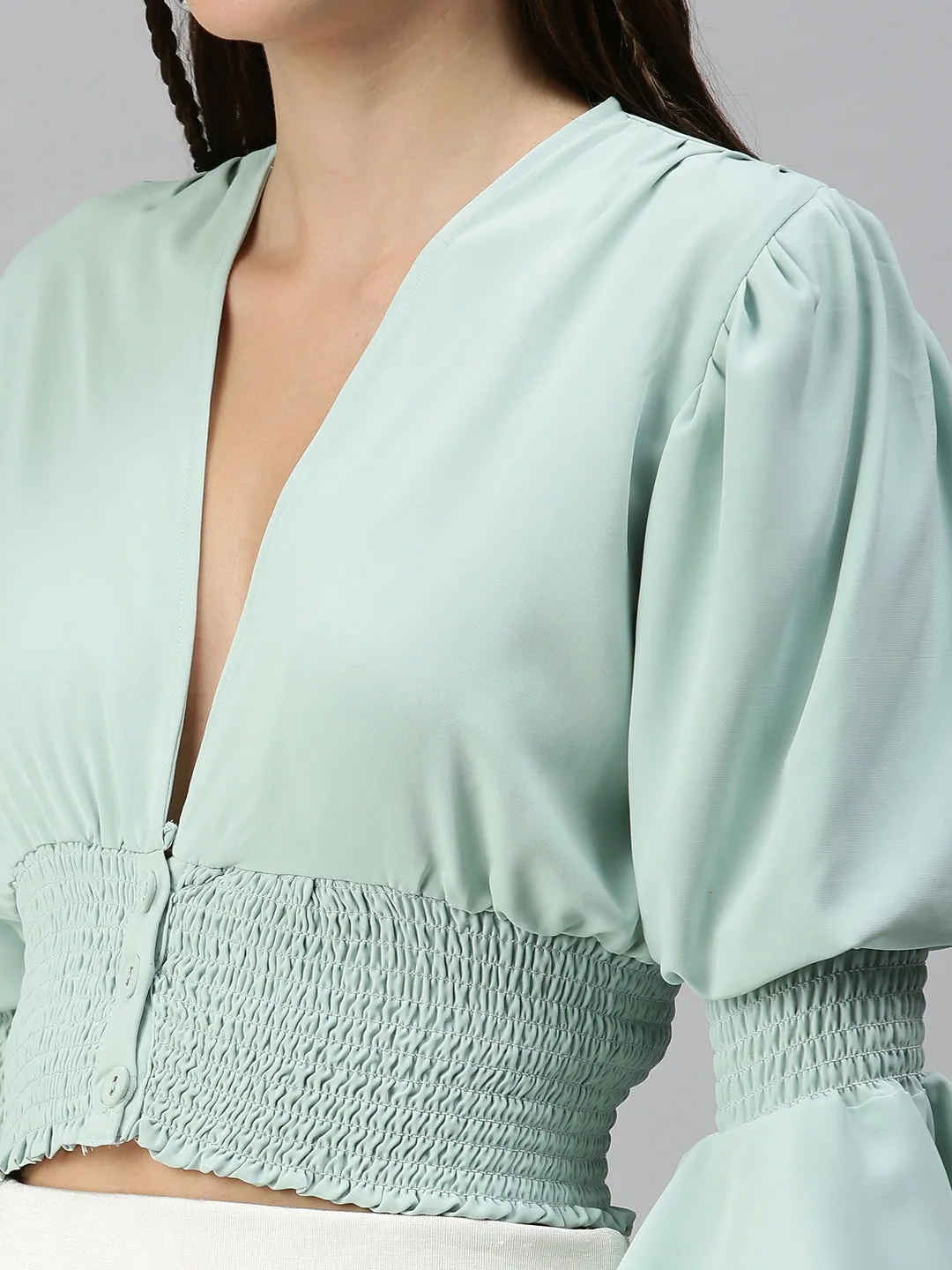 Women Sea Green Smocked Crop Top