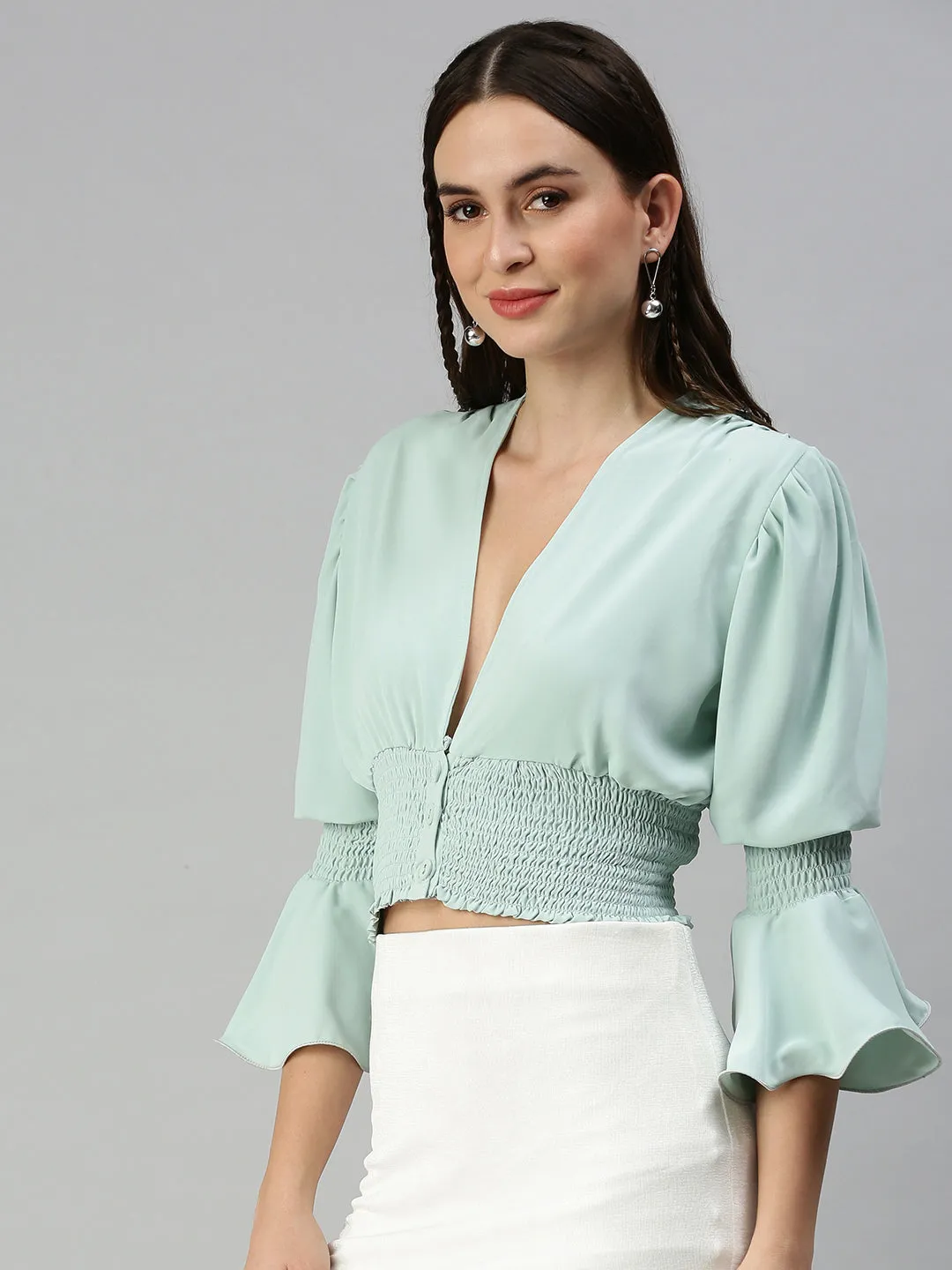 Women Sea Green Smocked Crop Top