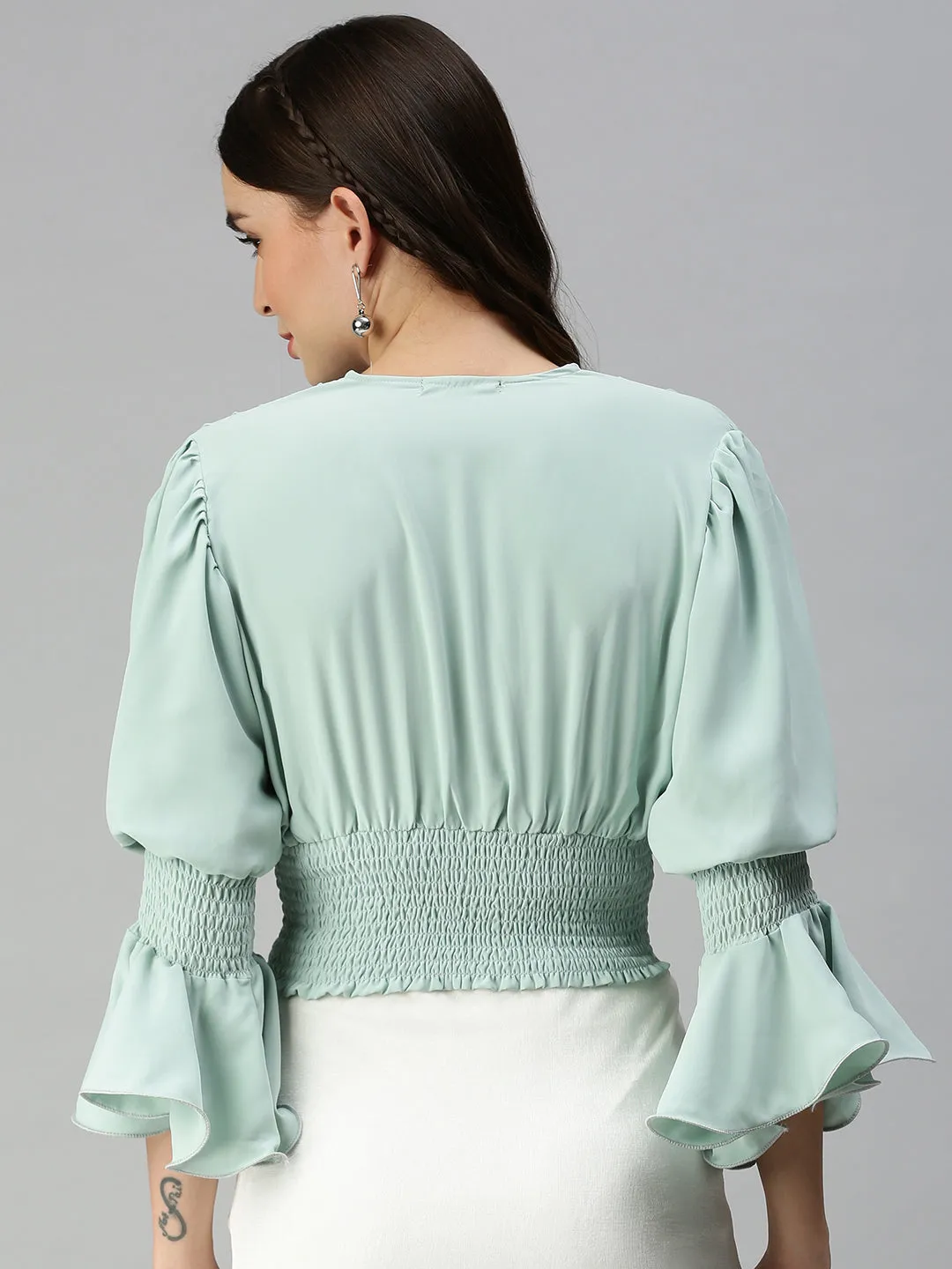 Women Sea Green Smocked Crop Top