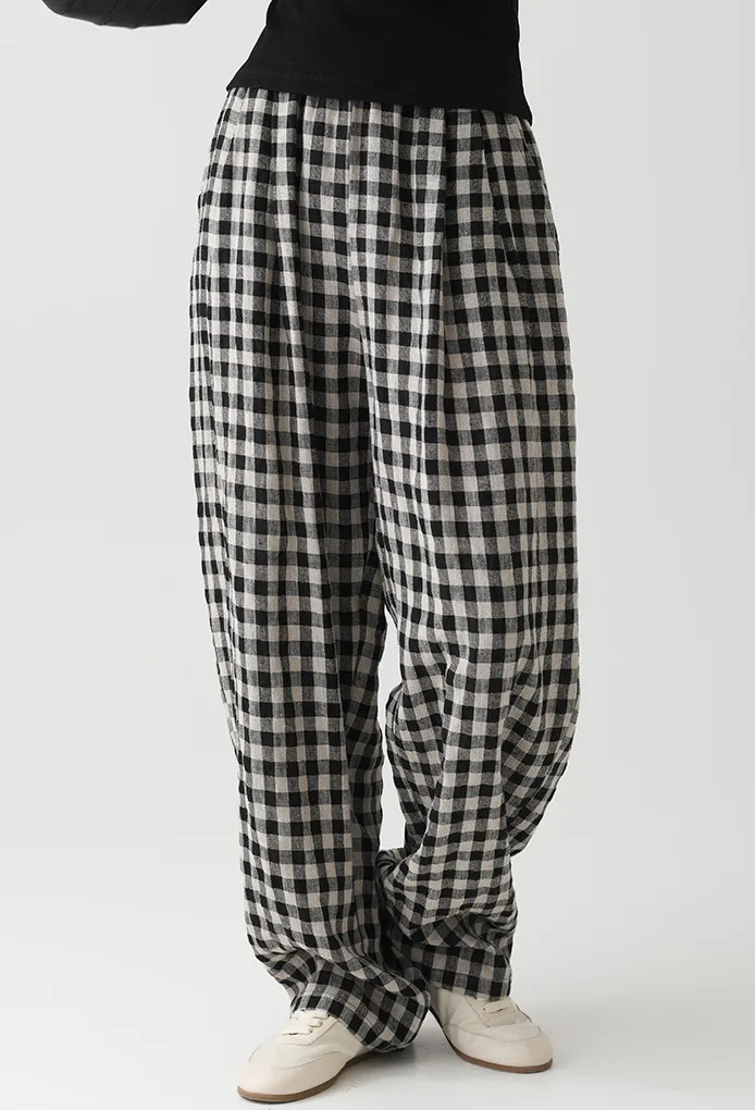 Women's Linen Casual Loose Plaid Elastic Waist Wide-Leg Pants, Casual Daily Wear