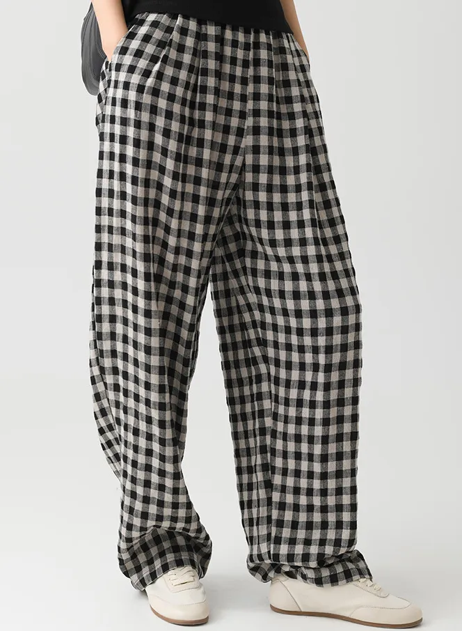 Women's Linen Casual Loose Plaid Elastic Waist Wide-Leg Pants, Casual Daily Wear